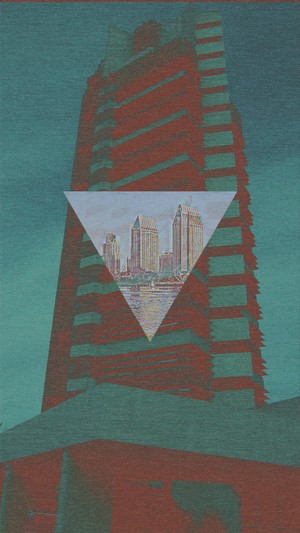Abstract cityscape with geometric overlay