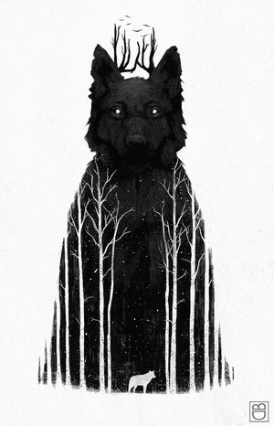Black wolf with trees and a small wolf