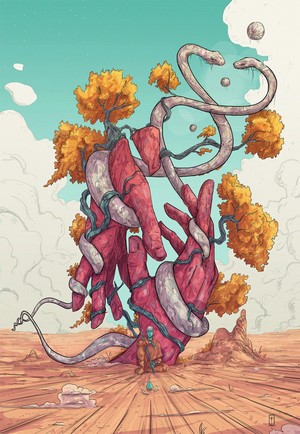 Abstract desert landscape with giant hands and trees