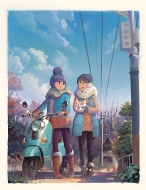 Two girls with a scooter and a dog in winter