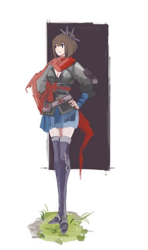 Anime girl with red scarf and blue skirt