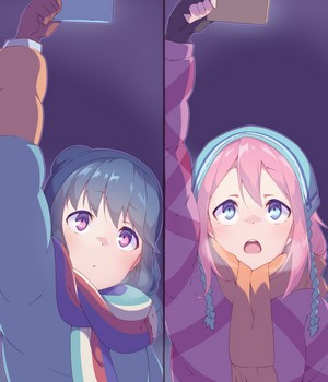 Nadeshiko Kagamihara and Rin Shima from Yuru Camp taking a selfie