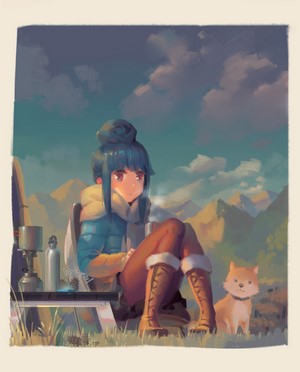 Rin Shima camping with Shiba Inu in mountains