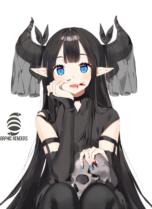 Anime girl with horns and blue eyes holding a skull