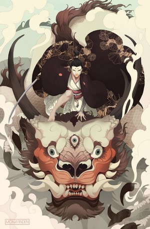Woman with sword on dragon's head by Mona Finden