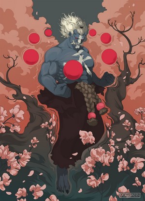 Akuma from Street Fighter with red orbs and cherry blossoms