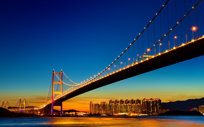 Tsing Ma Bridge at night with city lights