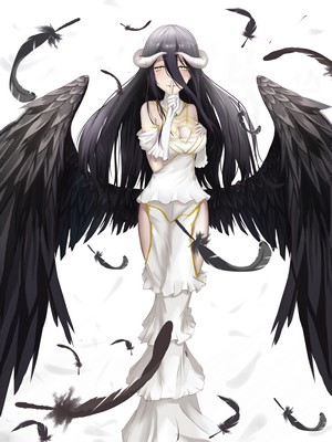 Albedo from Overlord with black wings and white dress
