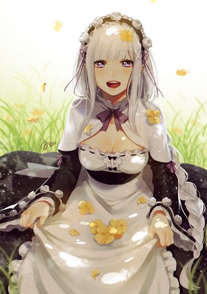 Emilia from Re:Zero in a maid outfit with yellow flowers
