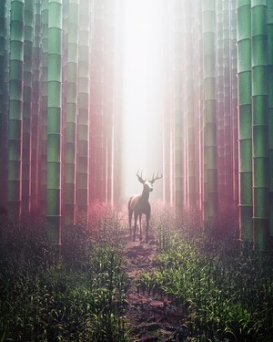 Deer in a misty bamboo forest