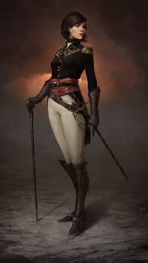 Woman in military uniform with sword and cane