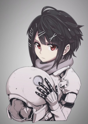 Anime girl with short dark hair and red eyes holding a helmet