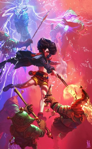 Woman fighting frog-like creatures with lightning