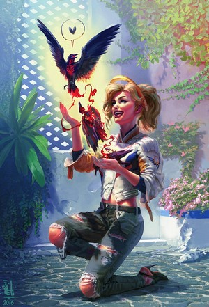 Mercy from Overwatch with a crow in a garden