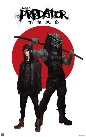 Predator and woman with katana