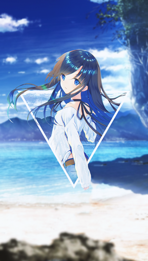 Anime girl on a beach with mountains