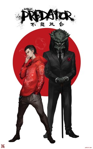 Predator and man smoking in front of red circle