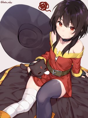 Megumin from KonoSuba holding Chomusuke