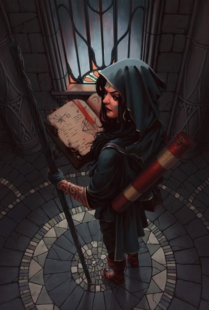 Woman in hood reading a book in a cathedral