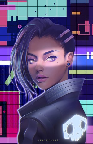 Sombra from Overwatch in a neon digital background