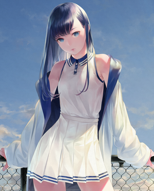Anime girl with long dark hair and blue eyes