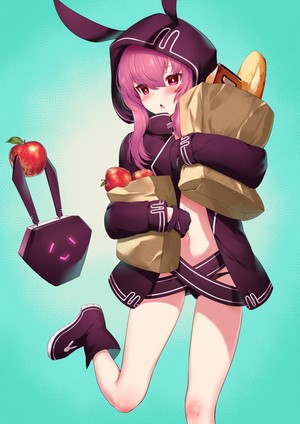 Girl with bunny ears holding groceries