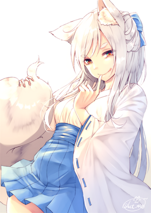 Fox girl with white hair and blue skirt
