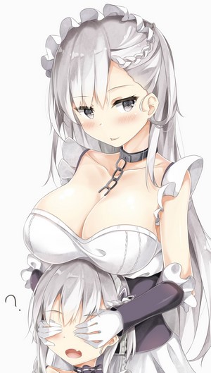 Belfast from Azur Lane as a maid covering another maid's eyes