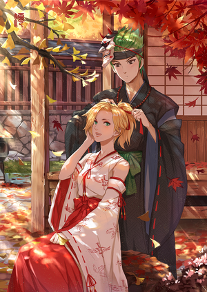 Genji and Mercy from Overwatch in traditional Japanese attire
