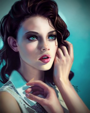 Digital art portrait of a brunette woman with green eyes