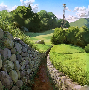 Anime landscape with stone wall and tower