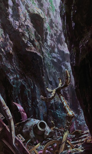 Studio Ghibli anime art of wreckage in a rocky canyon