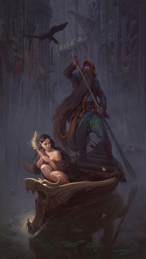 Man and woman in a boat in a swampy city