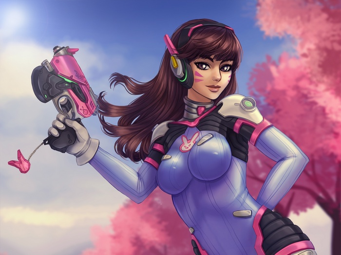 D.Va from Overwatch holding a pink blaster
