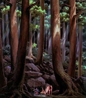 Ashitaka and Yakul in the forest from Princess Mononoke