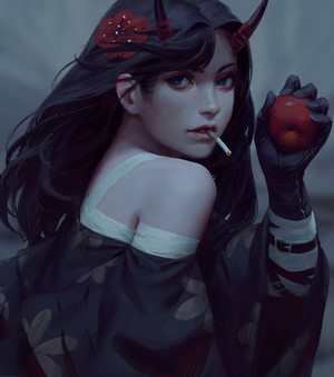 Oni girl with horns smoking and holding an apple