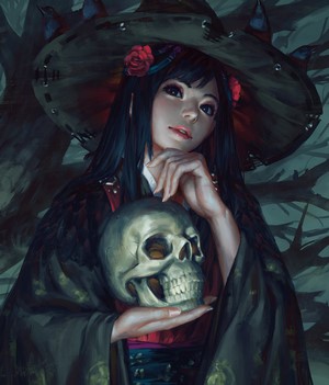 Artwork of a witch holding a skull by GUWEIZ