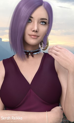 Woman with purple hair and blue eyes