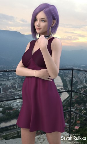 Woman with purple hair in a dress overlooking a city