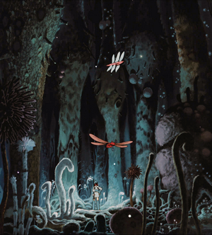 Nausicaa of the Valley of the Wind in a bioluminescent forest