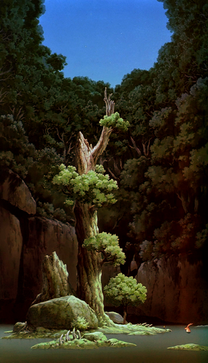 Forest clearing with ancient tree and water