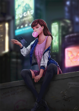 D.Va from Overwatch chewing bubblegum in a city at night