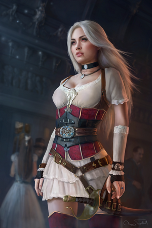 Woman with white hair and red eyes wearing a corset and holding a cutlass