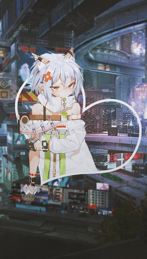 Anime girl with white hair and cat ears in a futuristic city