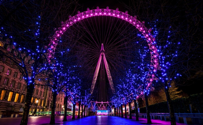 London Eye at Night with Blue and Magenta Lights