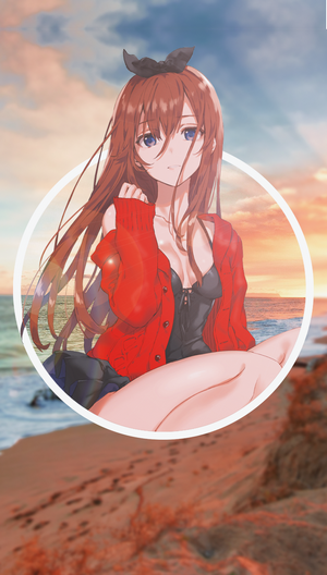 Anime girl in red cardigan on beach at sunset