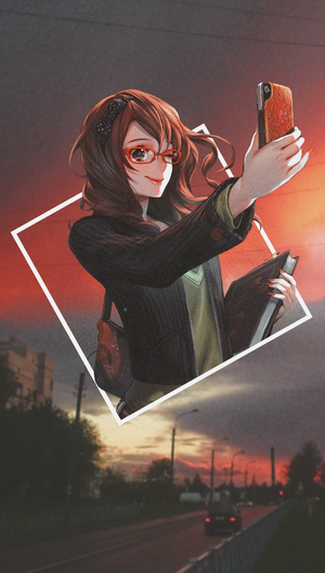 Anime girl taking a selfie at sunset
