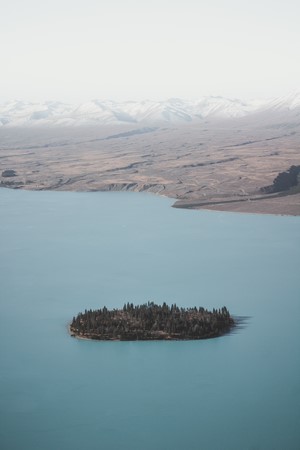 Island with trees in a lake with mountains in the background