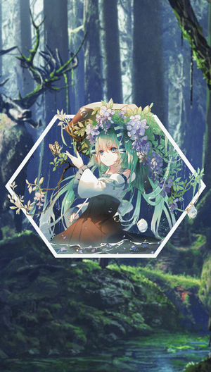 Anime girl with green hair and flowers in a forest