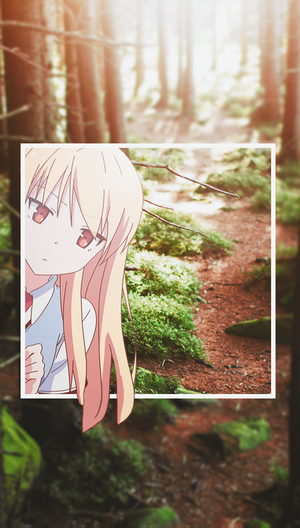 Anime girl peeking from behind a white frame in a forest